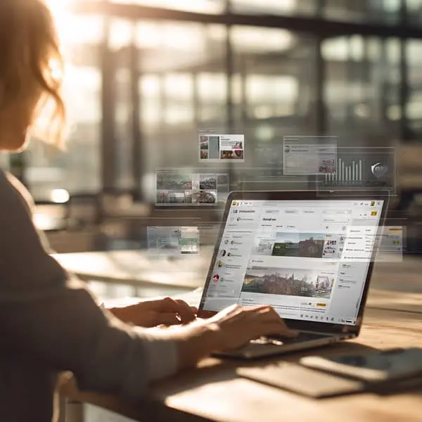 Professionnelle RH publiant une offre d’emploi sur plusieurs plateformes depuis son ordinateur portable dans un bureau moderne
