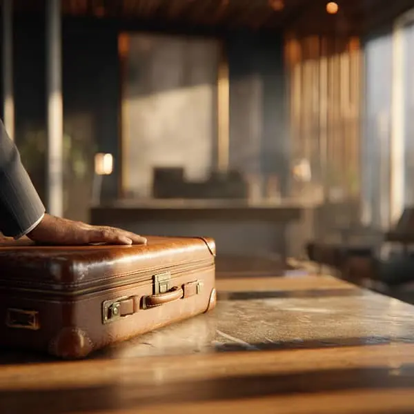 Main posée sur une valise fermée dans un bureau, symbolisant le refus de mobilité professionnelle d’un salarié.