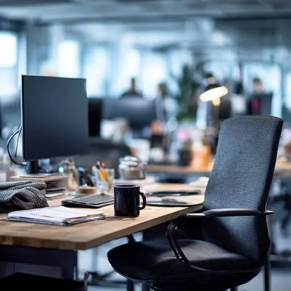 Poste de travail vide dans un open space avec chaise inoccupée et ordinateur éteint, symbolisant un abandon de poste