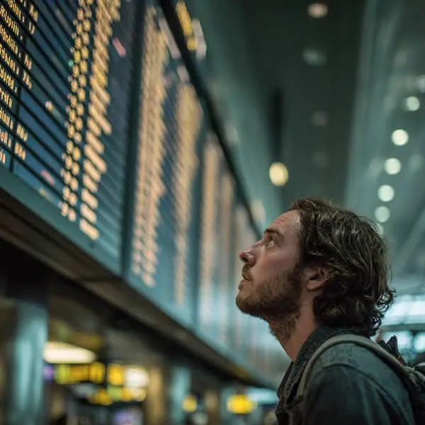 Homme d’affaires français regardant un tableau des vols annulés dans un aéroport international, atmosphère tendue liée à une fermeture d’espace aérien.