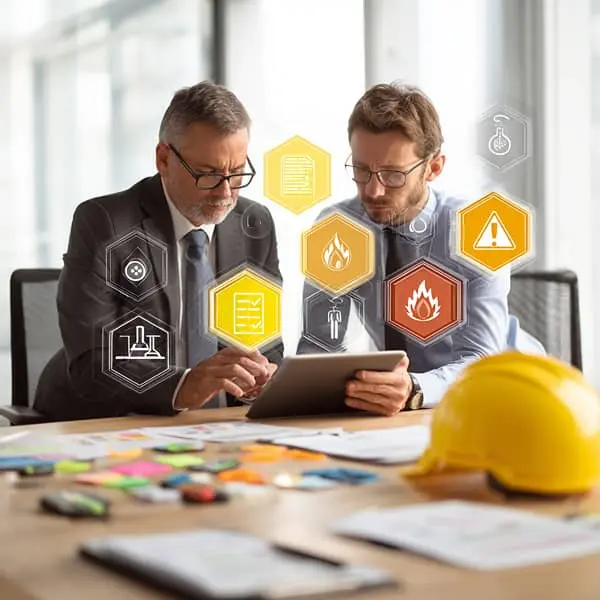 Responsables RH et sécurité analysant un document d’évaluation des risques professionnels avec des pictogrammes de prévention, illustrant le DUERP