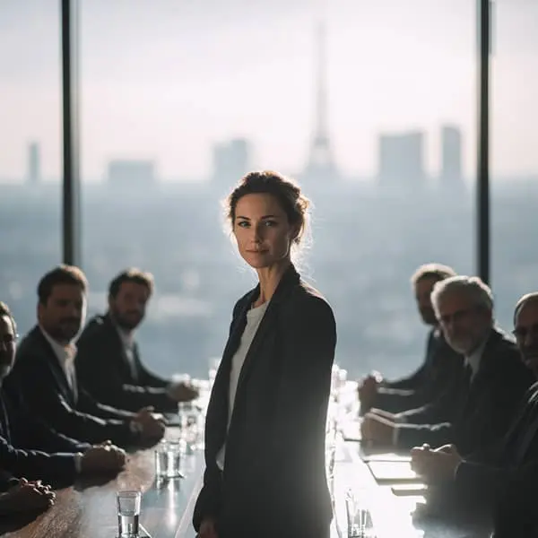 Femme dirigeante debout en salle de conseil face à un comité majoritairement masculin, avec la skyline de Paris et la tour Eiffel en arrière-plan, symbolisant l’accès des femmes aux instances de pouvoir.