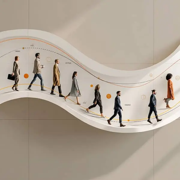 Representación visual del employee journey: empleados diversos avanzan a lo largo de una línea curva que simboliza las etapas del recorrido del empleado en una empresa.