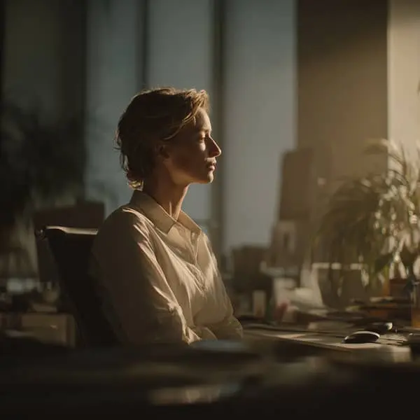 Femme assise dans un bureau baigné d’une lumière dorée, les yeux fermés et l’expression tendue, comme si elle gérait une douleur tout en restant au travail.