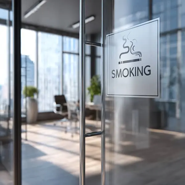 Porte vitrée d’un bureau moderne avec un panneau indiquant “smoking”, vue sur une salle de réunion lumineuse, symbolisant la réglementation sur l’interdiction de fumer en entreprise.