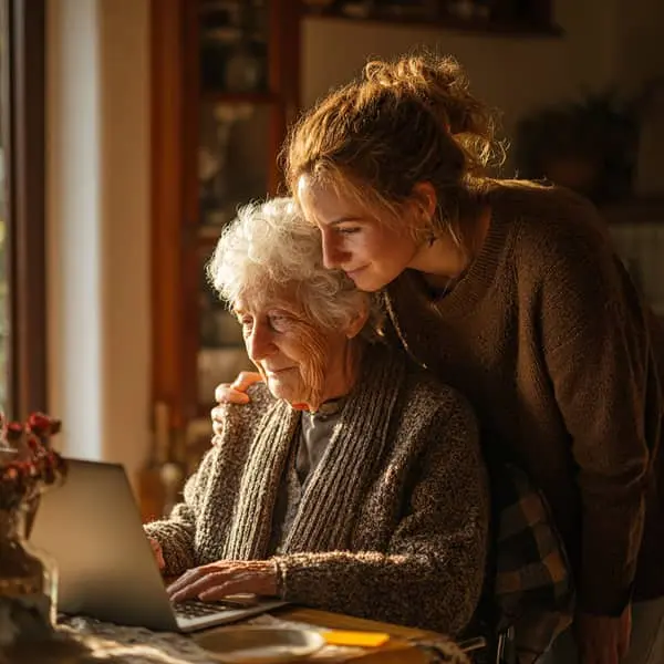 Femme aidant sa mère âgée à utiliser un ordinateur portable à la maison, dans une lumière chaude de fin de journée, illustrant le rôle des salariés aidants qui concilient travail et accompagnement d’un proche.