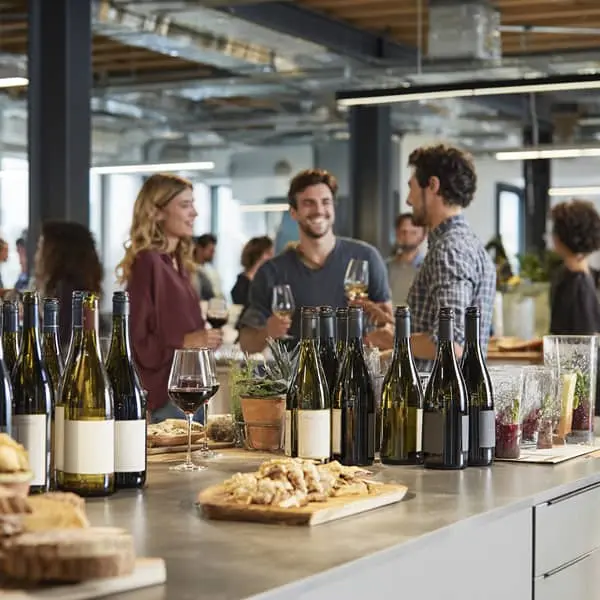 Pot de départ en entreprise dans un open space moderne, avec collègues qui trinquent et nombreux vins et amuse-bouches disposés sur un comptoir.