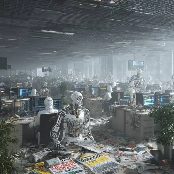 Open space dystopique envahi par des robots humanoïdes travaillant à la place des humains, illustration de l’impact de l’IA sur l’emploi