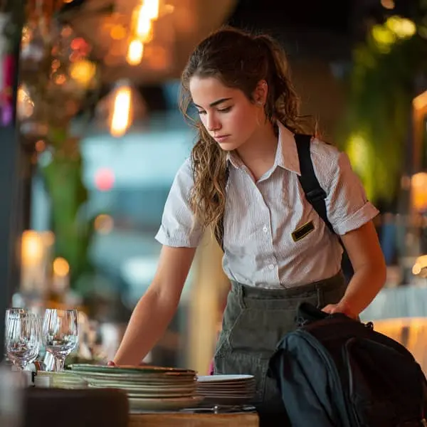 Lycéenne travaillant dans un restaurant, en train de débarrasser une table après le service, avec son sac d’école à proximité