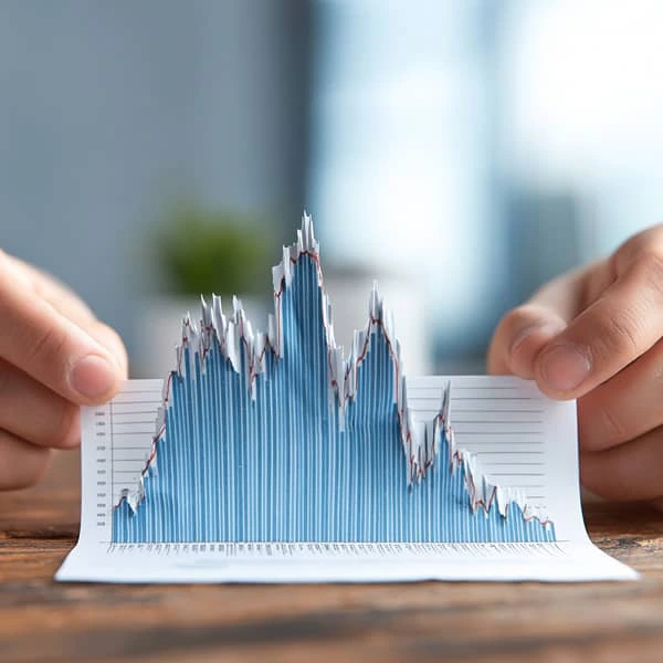 graphique de données économiques imprimé formant un relief en volume, tenu par deux mains, illustrant la complexité des statistiques du chômage