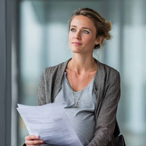 Salariée enceinte en entreprise tenant un contrat, dans un environnement de bureau, illustrant la question de la rupture de période d’essai et de la protection liée à la grossesse