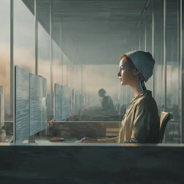 Femme travaillant sur ordinateur dans un open space moderne, avec interface numérique illustrant l’intelligence artificielle au travail