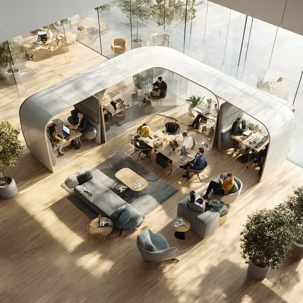 Equipo de profesionales trabajando en un espacio de oficina moderno y luminoso con zonas flexibles de colaboración y descanso, simbolizando la retención de talento a través del bienestar y la flexibilidad laboral.