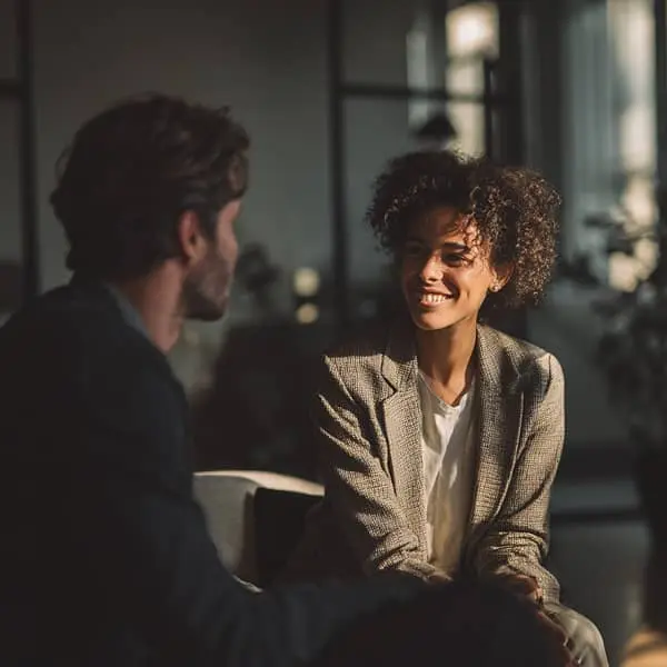 reunión one to one entre manager y empleado en oficina moderna con conversación cercana y escucha activa