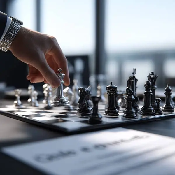 Main d’un cadre déplaçant une pièce d’échecs sur un échiquier dans un bureau moderne, illustrant la stratégie autour de la clause de non-concurrence en droit du travail