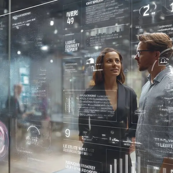 Deux collaborateurs en RH analysent sur un écran digital les parcours de mobilité interne dans un bureau moderne.