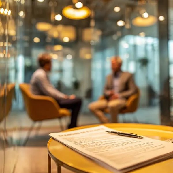 Entretien individuel entre un manager et un nouveau collaborateur dans une salle de réunion vitrée, au second plan, avec au premier plan un document de type rapport d’étonnement et un stylo posés sur une table ronde.