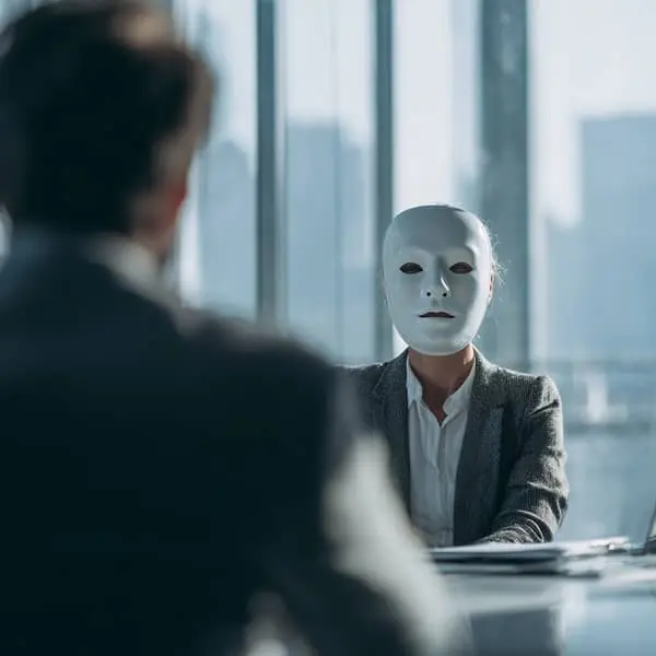 Candidat portant un masque blanc sans expression face à un recruteur lors d’un entretien dans un bureau moderne vitré, symbolisant le mensonge et le manque de transparence en entretien d’embauche.