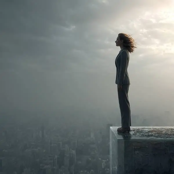 Femme en tailleur debout au bord d’une plateforme en verre dominant une ville plongée dans la brume, face au vent, symbolisant la falaise de verre et la précarité de la position des femmes aux postes de direction.