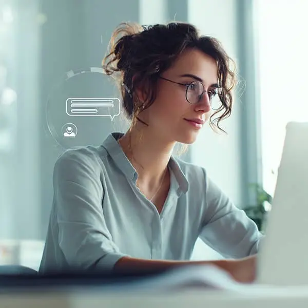 Collaboratrice utilisant un chatbot sur son ordinateur dans un environnement de travail moderne