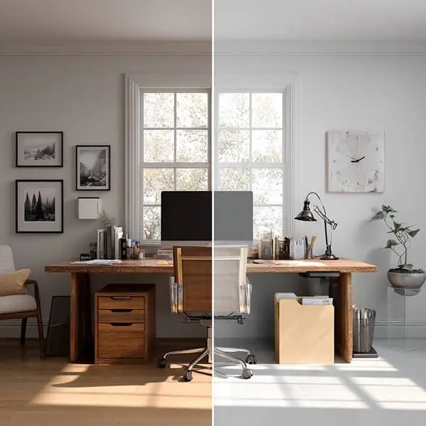 Espace de travail en télétravail divisé en deux ambiances, illustrant un cadre organisé et structuré du travail à distance