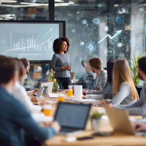 Session de formation en entreprise avec une formatrice présentant un graphique de progression des compétences devant une équipe en réunion