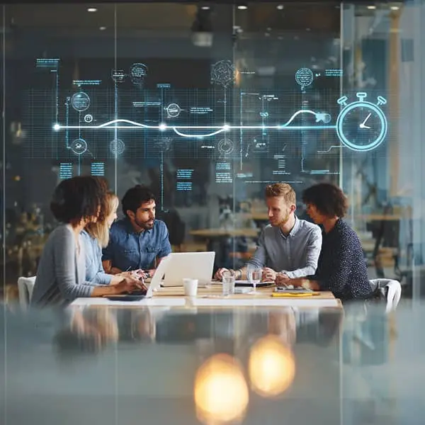 Équipe RH en réunion autour d’un ordinateur portable avec une frise chronologique symbolisant l’optimisation d’un processus de recrutement