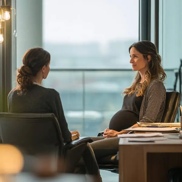 Femme enceinte en entretien avec une responsable RH dans un bureau moderne, échange confidentiel autour de son projet parental au travail.