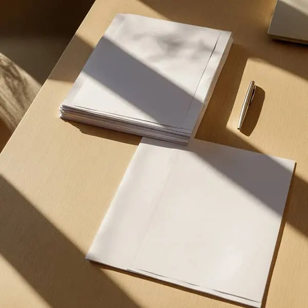 Piles de feuilles blanches et stylo métallique posés sur un bureau en bois baigné de lumière, symbolisant la préparation et la signature d’un avenant au contrat de travail.