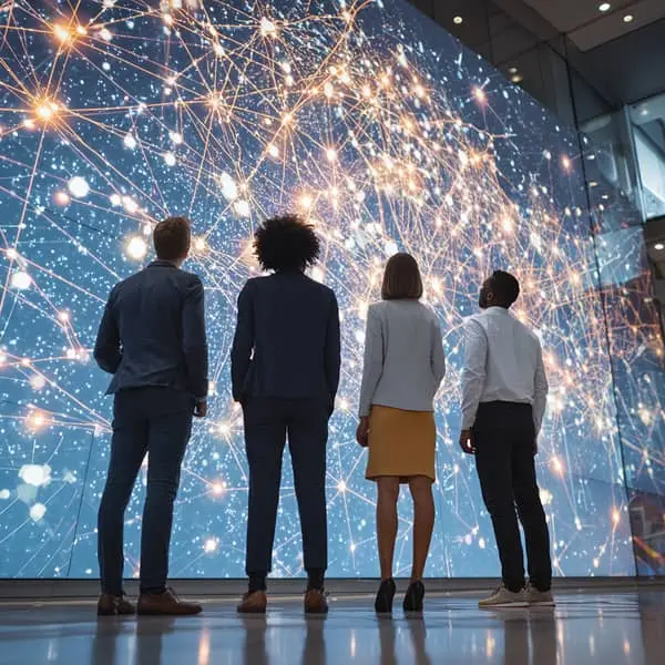 Équipe de collaborateurs observant une grande carte numérique interactive représentant un réseau de compétences interconnectées