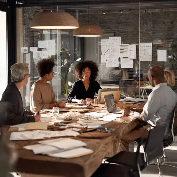 equipo de trabajo colaborando en una reunión estratégica en una oficina moderna, representando diferentes roles de equipo Belbin