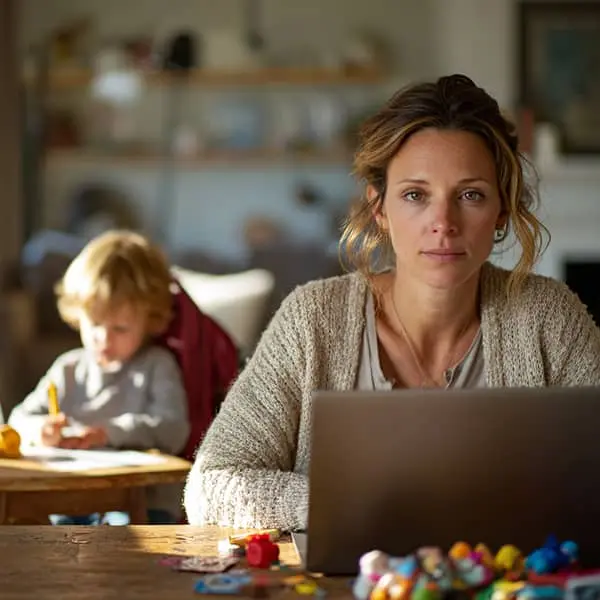 Mère salariée en télétravail sur son ordinateur, avec son enfant qui dessine en arrière-plan à la maison