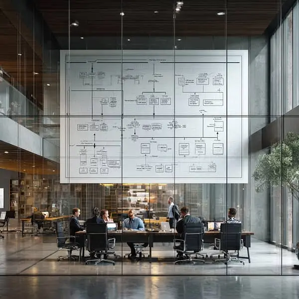 organigrama de una empresa proyectado en una pantalla durante una reunión de equipo en una oficina moderna