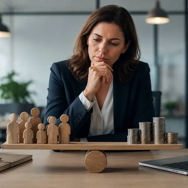 Professionnelle RH réfléchissant à l'équilibre entre rémunération, reconnaissance des collaborateurs et équité salariale.