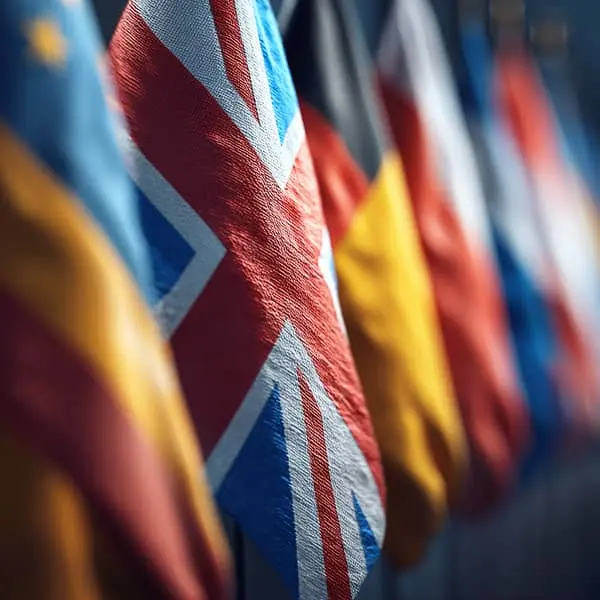 Alignement de drapeaux internationaux dont le Royaume-Uni au premier plan, symbolisant le recrutement à l’international