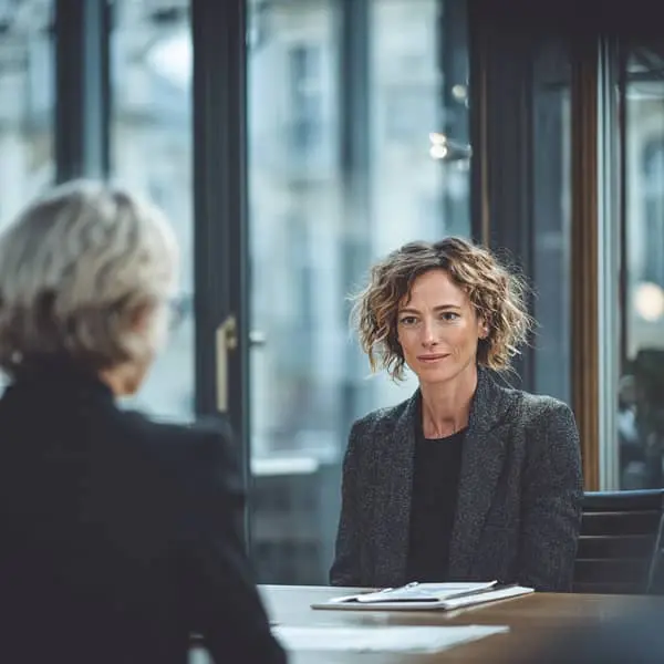 Réunion RH en entreprise autour d’une rupture conventionnelle, avec une professionnelle attentive face à une collaboratrice senior dans un bureau moderne.