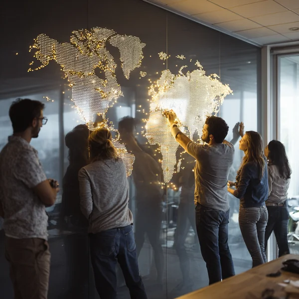 Équipe RH internationale déclinant sa marque employeur sur une carte du monde
