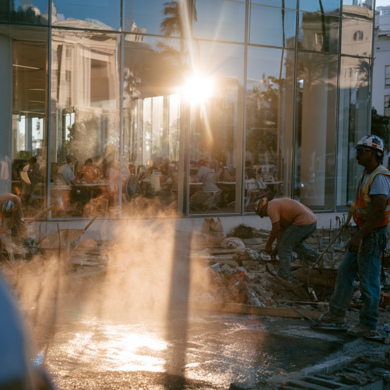 Ouvriers travaillant sur un chantier en pleine canicule devant un immeuble de bureaux climatisé, illustrant les inégalités face aux fortes chaleurs au travail.