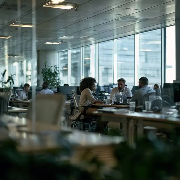 Équipe de collaborateurs travaillant dans un open space moderne, illustrant les enjeux de la pénurie de main-d'œuvre et de la collaboration en entreprise.