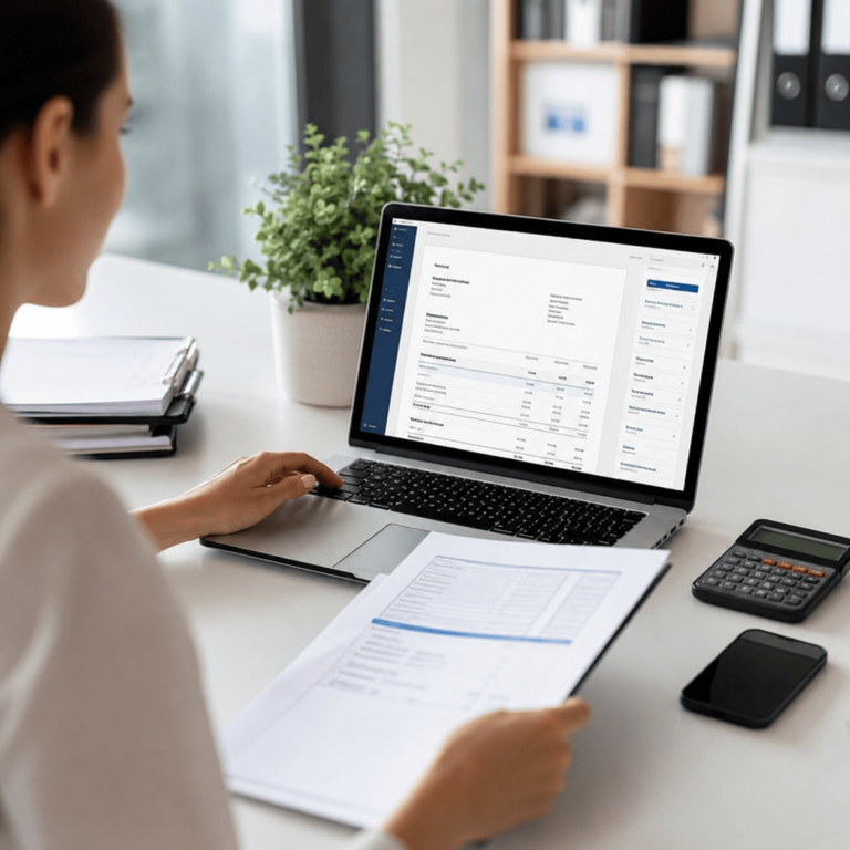 Professionnelle consultant une plateforme de facturation électronique sur son ordinateur
