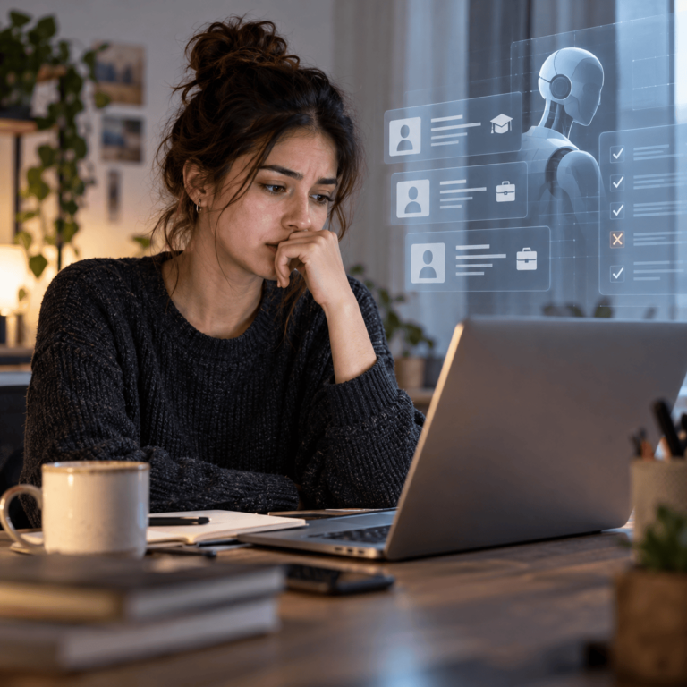 Jeune diplômée inquiète devant son ordinateur, illustrant l’impact de l’intelligence artificielle sur l’emploi des jeunes et le recrutement.