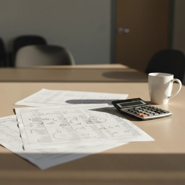 Tableau de bord budgétaire annoté à la main sur un bureau de direction RH, illustration de la construction d'un budget RH